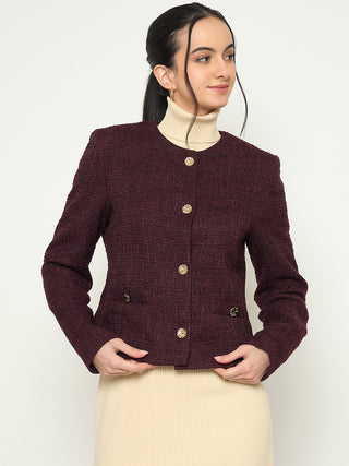 Madame Round Neck Textured Plum Colour Short Coat