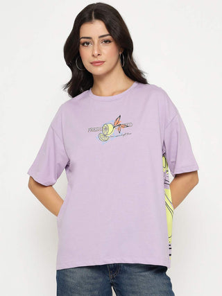 Madame Front and Back Graphic Print Lilac Cotton T-Shirt
