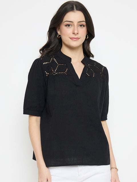 Madame Schiffli Detailing Black Cotton Top
