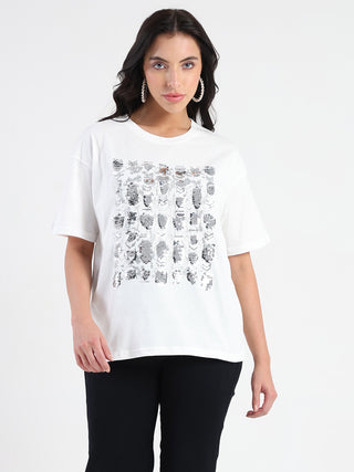 Madame Front Embellished Solid White Cotton T-shirt