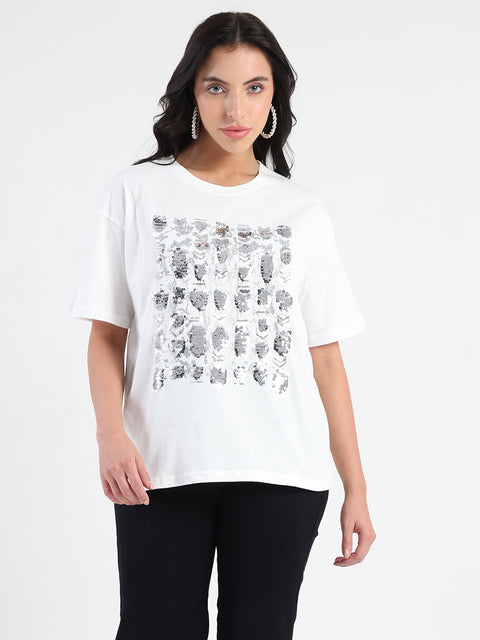 Madame Front Embellished Solid White Cotton T-shirt