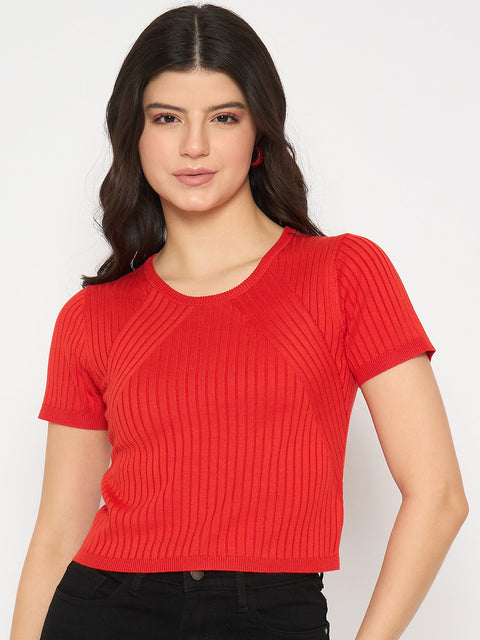 Madame Ribbed Sold Red Knitted Crop Top