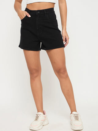 Madame Cotton Blend Solid Black Denim Shorts
