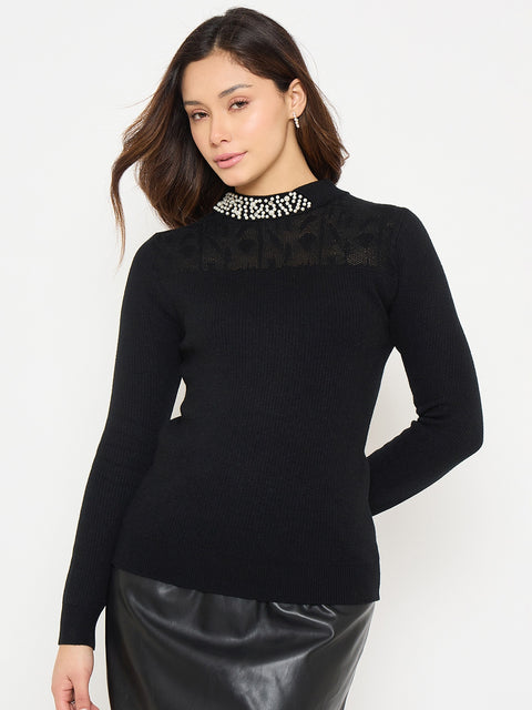 Madame Mock Neck Black Embellished Sweater