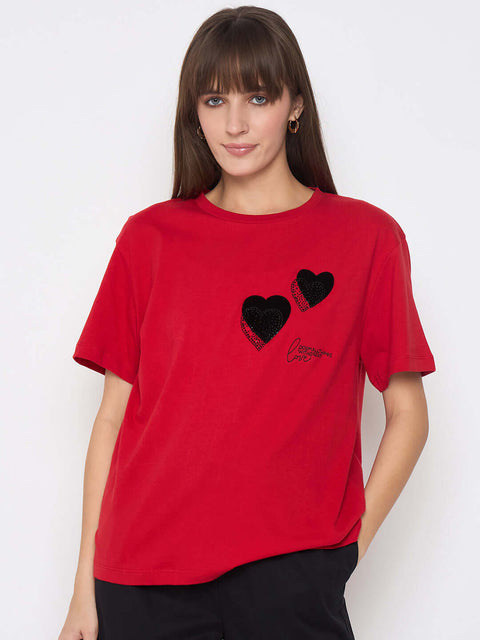Madame Graphic Print Swarovski Detailed Red T-shirt