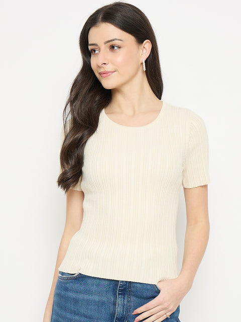 Madame Beige Viscose Blend Knitted T-Shirt