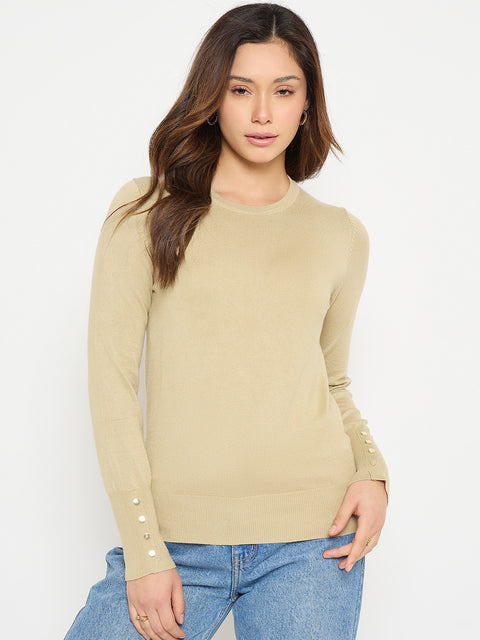 Madame Beige Solid Sweater with Cuff Sleeves