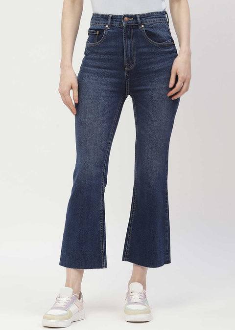 Madame High Rise Dark Blue Distressed Hem Flared Jeans
