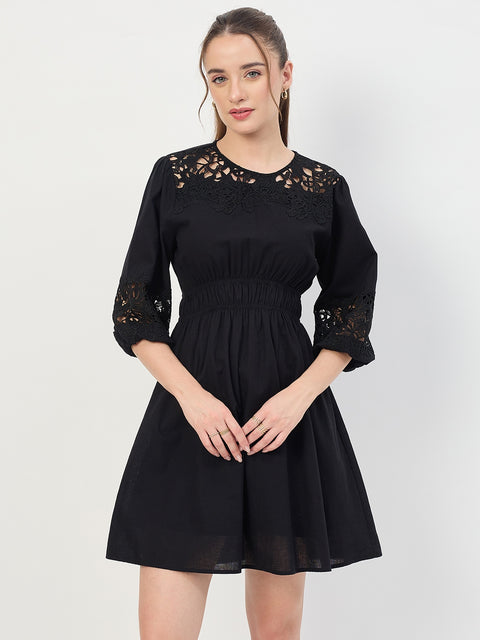 Madame Black Puff Sleeve Cotton Mini Dress