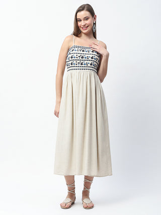 Madame Embroidered Off White Maxi Rayon Blend Dress