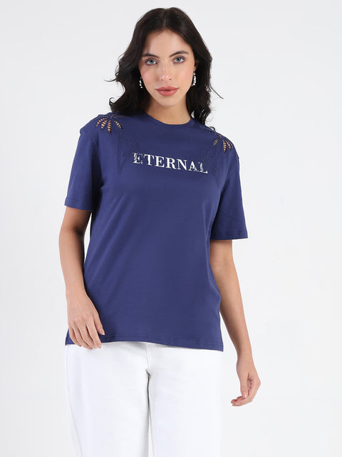 Madame Printed Embroidery Cutwork Navy Blue Crop T-shirt