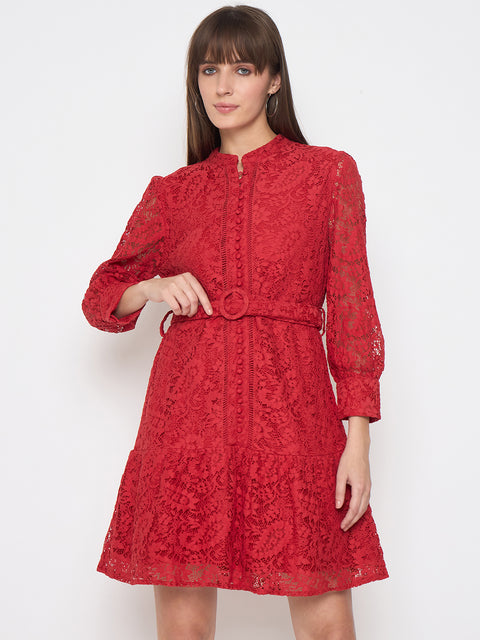 Madame Sheer Embroidered Belted Mini Red Mesh Dress