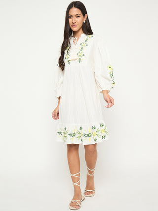 Madame Floral Embroidered Fit and Flare White Mini Dress