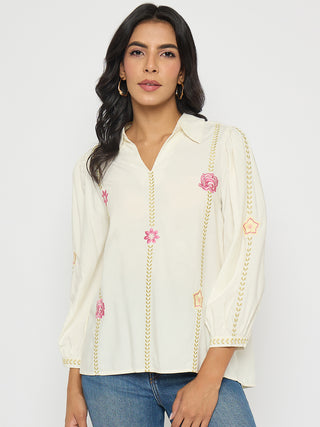 Madame Off White Viscose Blend Floral Embroidered Shirt