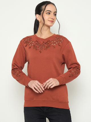 Madame Embroidered Round Neck Rust Orange Sweater