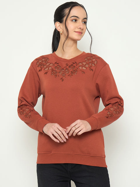 Madame Embroidered Round Neck Rust Orange Sweater