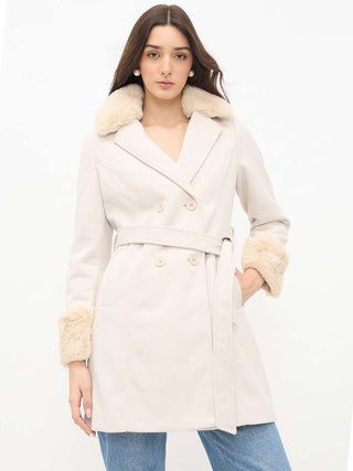 Madame Notch Lapel Neckline Belted Beige Long Coat
