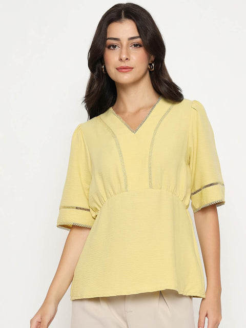 Madame V Neck Yellow Peplum Top