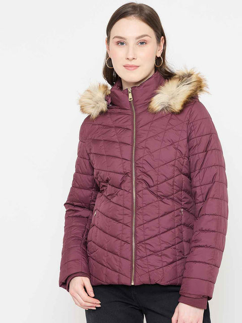 Madame Wine Colour Quilted Jacket with Faux Fur Hood