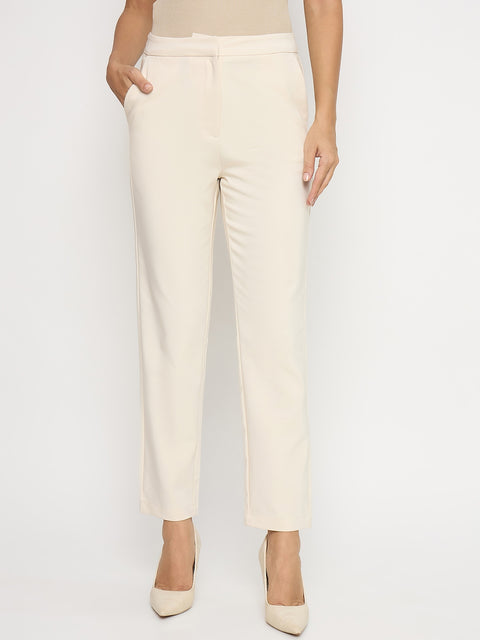Madame Cotton Blend Slim Fit Beige Trousers