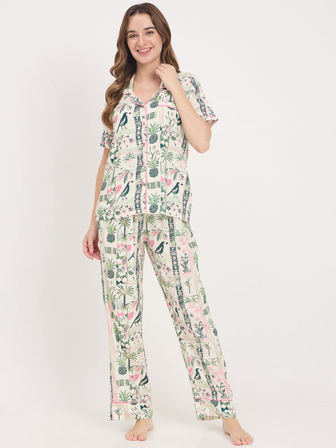 mSECRET Green Printed Rayon Spread Collar Short Sleeve Night Suit
