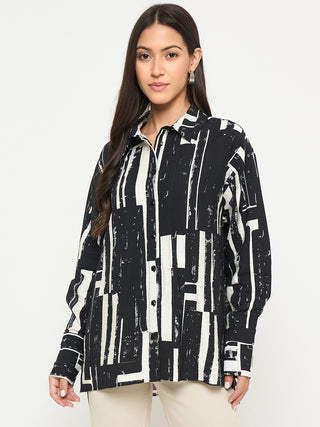 Madame All Over Print Black Cotton Blend Full Shirt