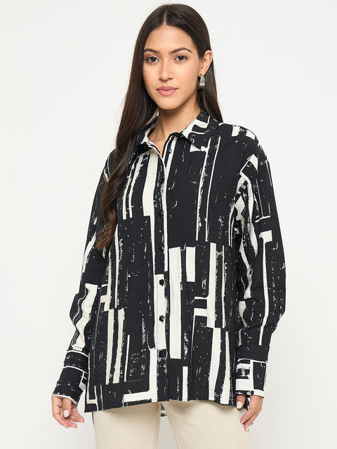 Madame All Over Print Black Cotton Blend Full Shirt