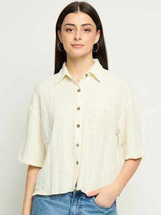 Madame Textured Pocketed Off White Shirt