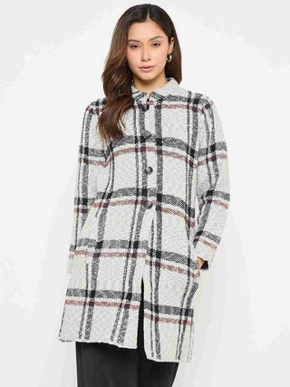 Madame Plaid Print Grey Long Cardigan