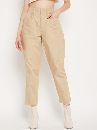 Madame Beige Ankle Length Cotton Trousers