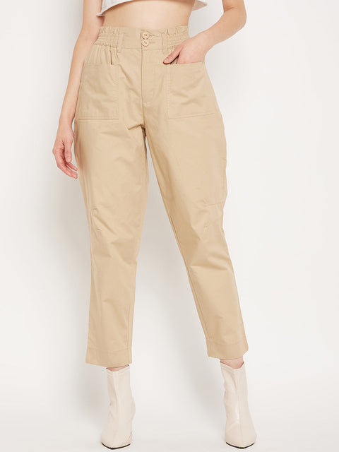 Madame Beige Ankle Length Cotton Trousers