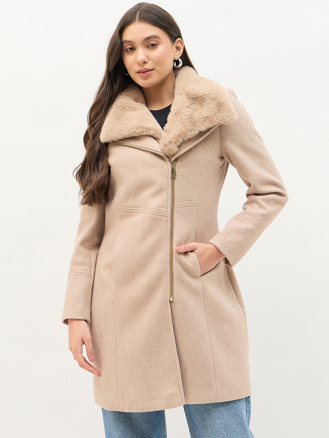 Madame Faux Fur Neckline Beige Long Coat color swatch