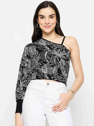 Madame Printed One Shoulder Black Knitted Top
