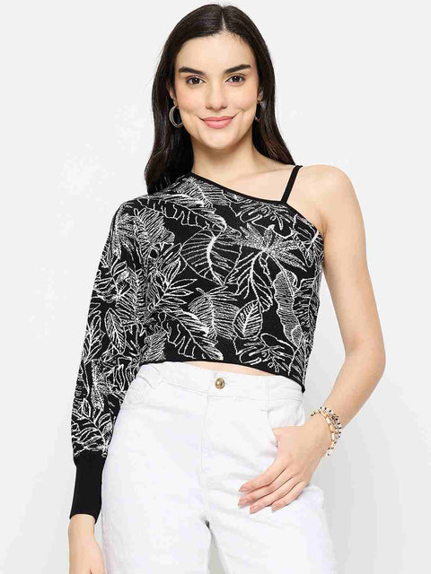 Madame Printed One Shoulder Black Knitted Top