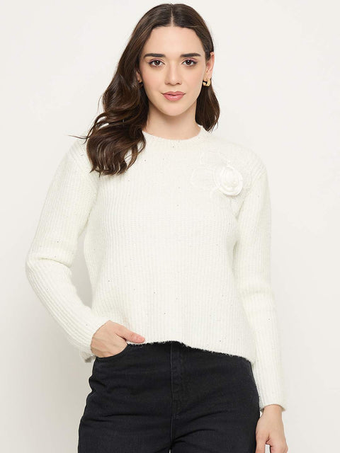 Madame Off White Solid Sweater