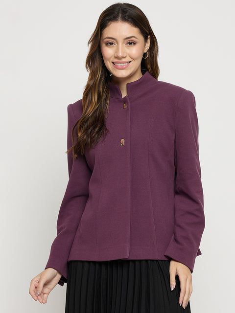 Madame Purple Mock Neck Full Sleeve Short Coat