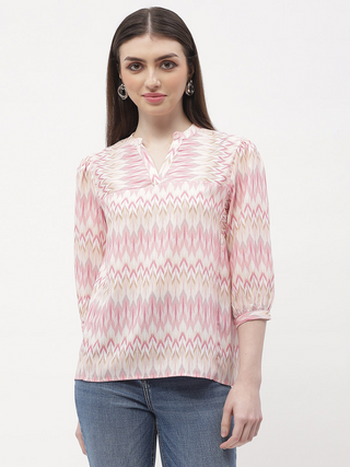 Madame Mandarin Collar Peach Abstract Print Top