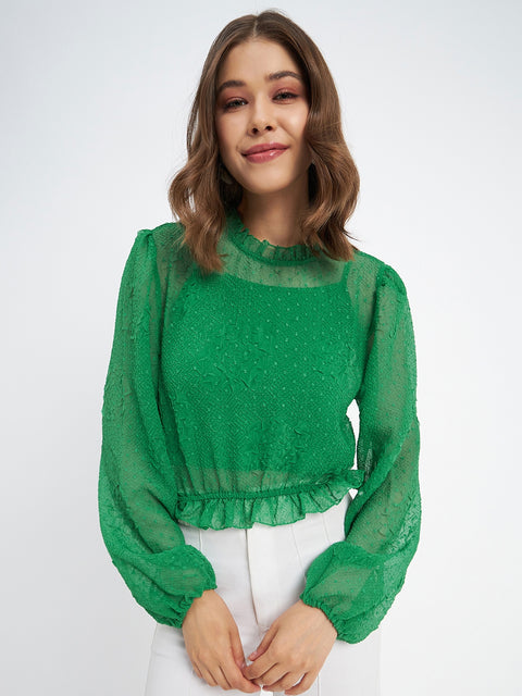 Madame Textured Swiss Dot Detail Green Peplum Top