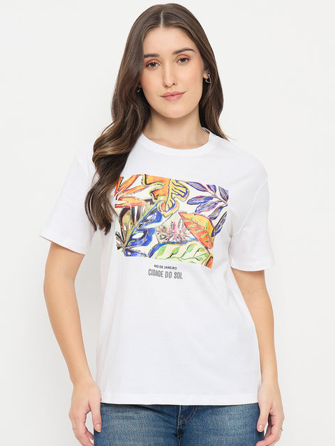 Madame White Graphic Print Cotton Round Neck T-Shirt