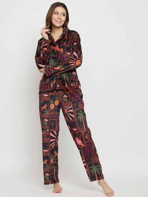 mSECRET Brown Printed Full Sleeve Night Suit