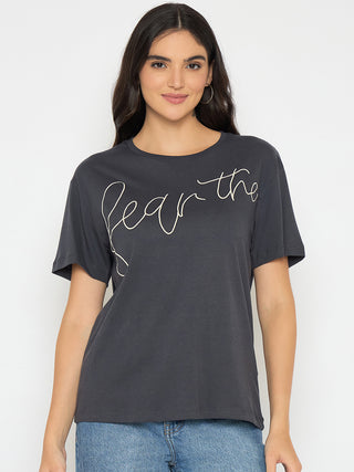 Madame Typography Print Charcoal Black Cotton T-shirt
