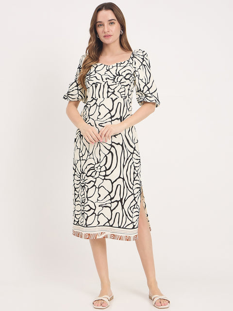 Madame Abstract Print Rayon Linen Midi Dress