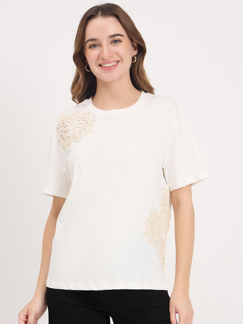 Madame Off White Embroidered Cotton Round Neck T-Shirt
