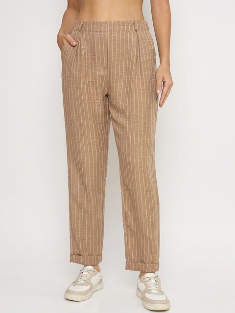 Madame Textured Brown Viscose Tapered Trousers