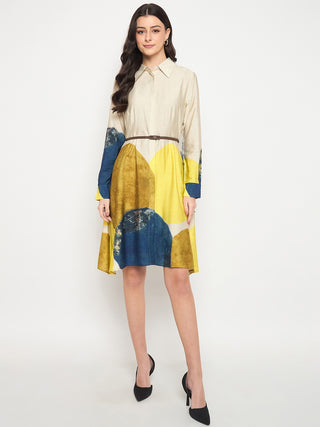 Madame Beige Rayon Blend Colorblock Shirt Dress