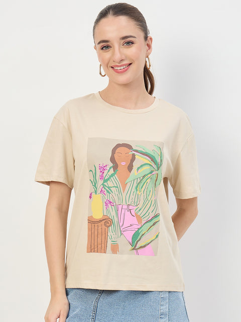 Madame Beige Graphic Print Cotton Round Neck T-Shirt