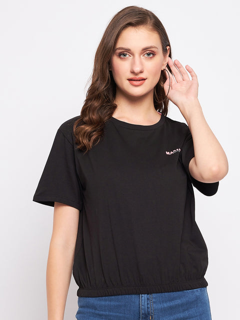 Madame Solid Black Elasticated Waist Top
