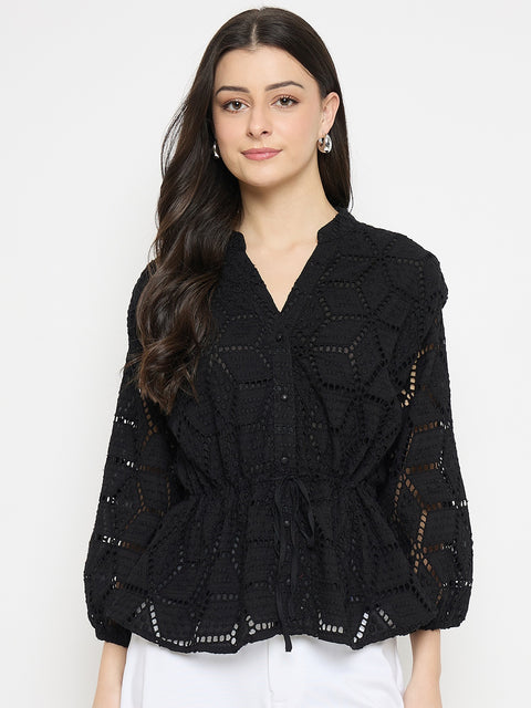Madame Black Cotton Schiffli Peplum Top
