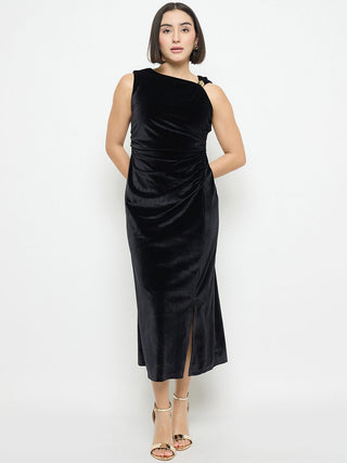 Madame Side Ruched Midi Black Sheath Dress