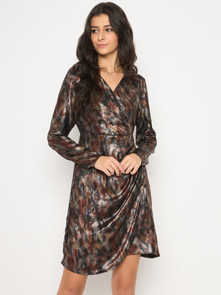 Madame Front Pleated Metallic Rust Floral Print Wrap Dress